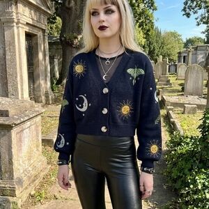 Hot Topic Black Cropped Celestial Embroidered Cardigan